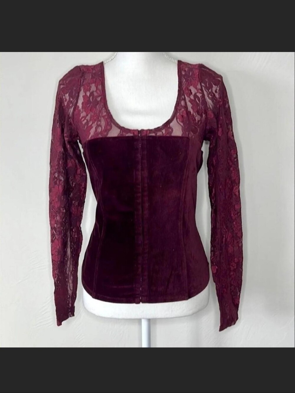 Moda International Wine Lace & Velvet Long Sleeve Top